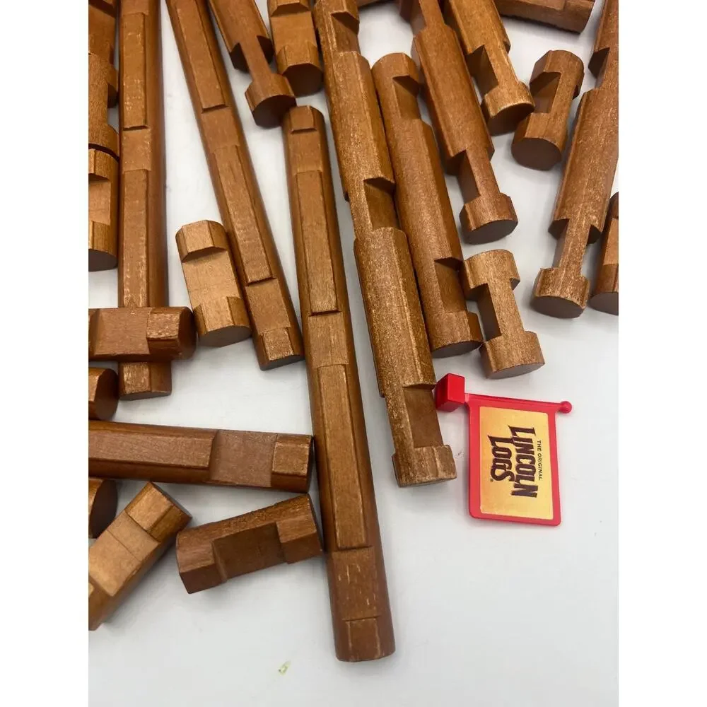 Vintage Lincoln Logs 77 Piece Lot Original Wooden Building Logs Parts + Flag